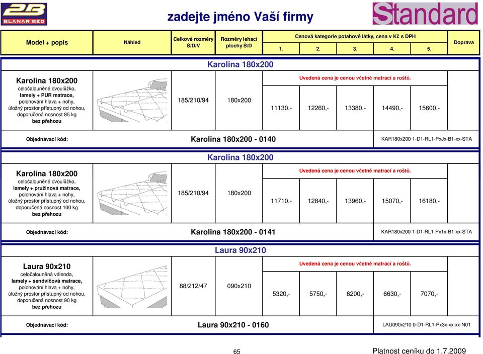 12840,- 13960,- 15070,- 16180,- Karolina 180x200-0141 Laura 90x210 KAR180x200 1-D1-RL1-Px1x-B1-xx-STA Laura 90x210 lamely + sendvičová matrace,