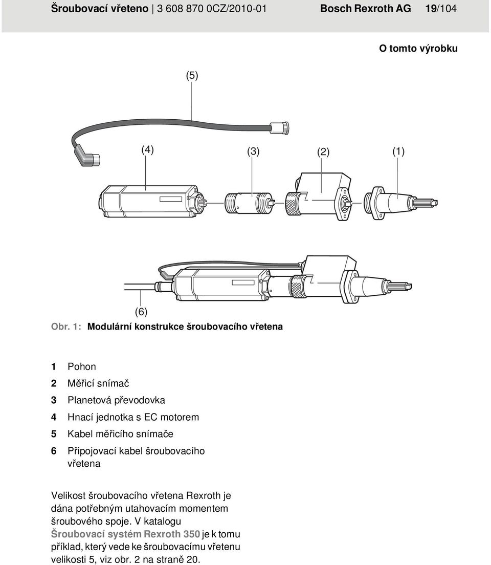 měřicího snímače 6 Připojovací kabel šroubovacího vřetena Velikost šroubovacího vřetena Rexroth je dána potřebným utahovacím