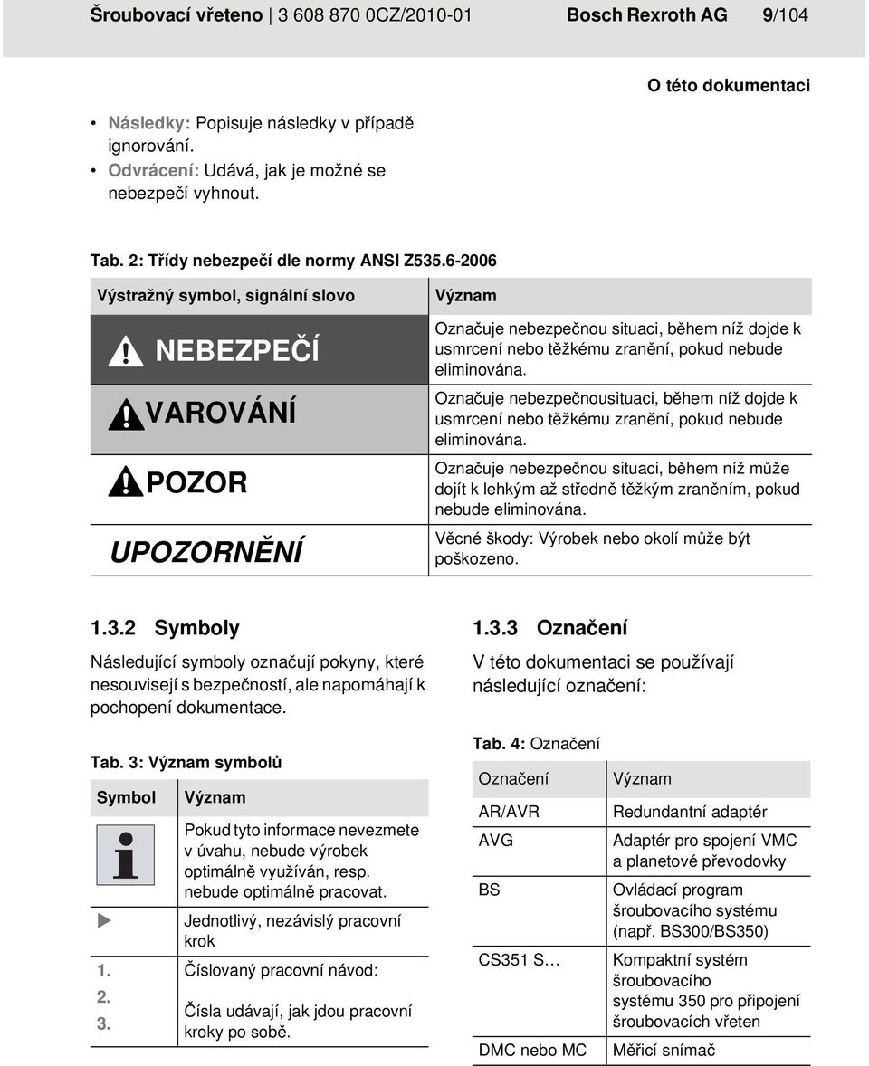 6-2006 Výstražný symbol, signální slovo NEBEZPEČÍ VAROVÁNÍ POZOR UPOZORNĚNÍ Význam Označuje nebezpečnou situaci, během níž dojde k usmrcení nebo těžkému zranění, pokud nebude eliminována.