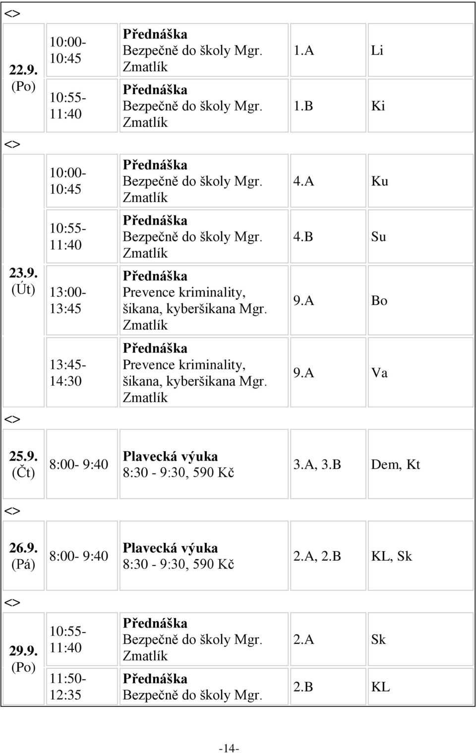 A Bo 13:45-14:30 Přednáška Prevence kriminality, šikana, kyberšikana Mgr. Zmatlík 9.A Va 25.9. (Čt) 8:00-9:40 Plavecká výuka 8:30-9:30, 590 Kč 3.A, 3.B Dem, Kt 26.9. (Pá) 8:00-9:40 Plavecká výuka 8:30-9:30, 590 Kč 2.