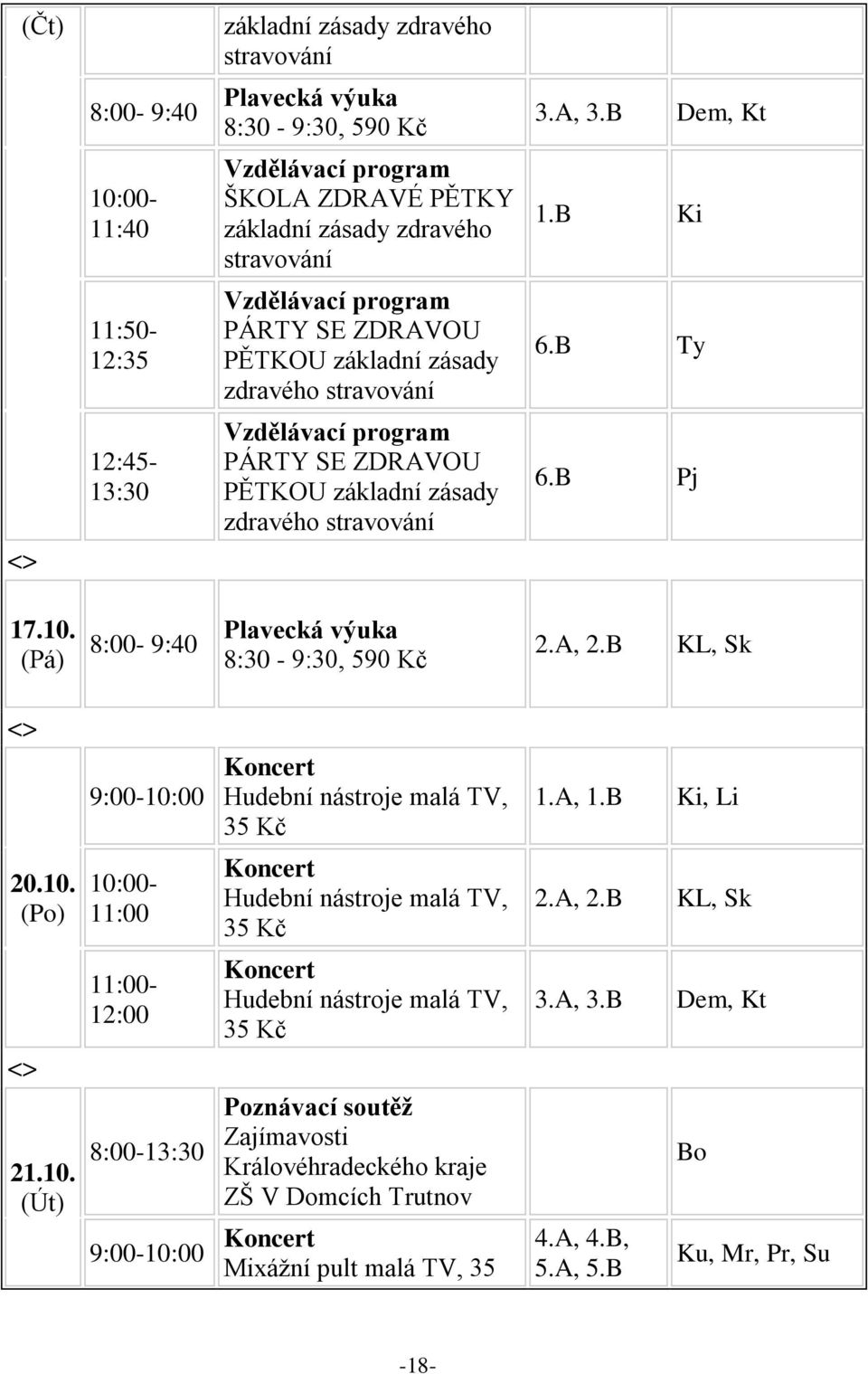 (Pá) 8:00-9:40 Plavecká výuka 8:30-9:30, 590 Kč 2.A, 2.B KL, Sk 9:00-10:00 Koncert Hudební nástroje malá TV, 35 Kč 1.A, 1.B Ki, Li 20.10. (Po) 10:00-11:00 Koncert Hudební nástroje malá TV, 35 Kč 2.