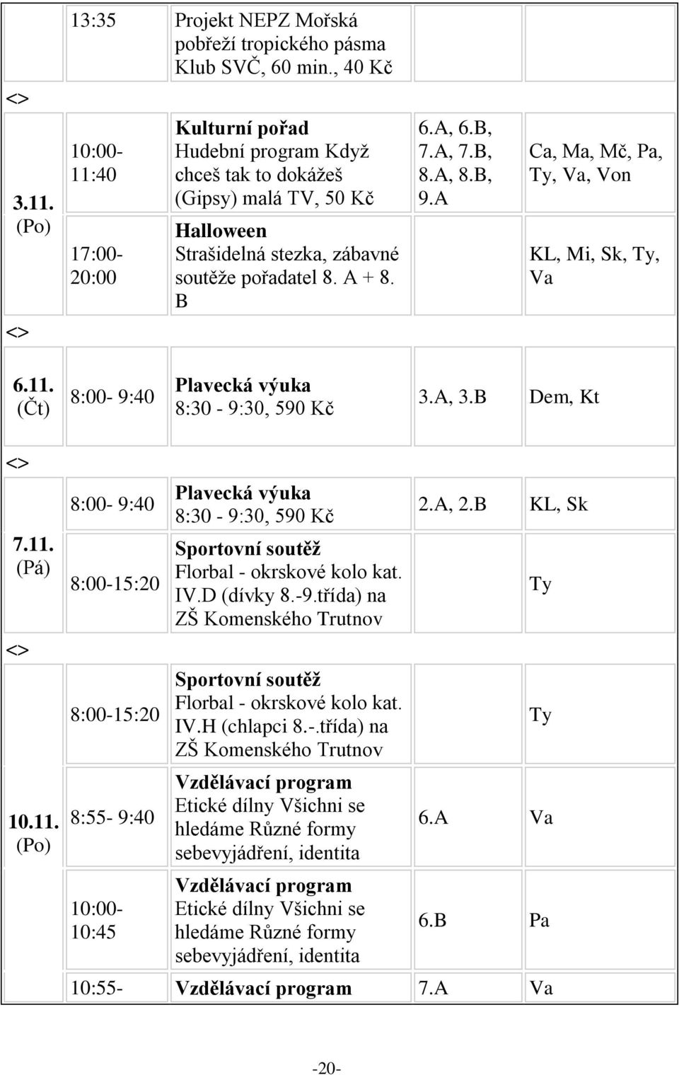 A, 8.B, 9.A Ca, Ma, Mč, Pa, Ty, Va, Von KL, Mi, Sk, Ty, Va 6.11.