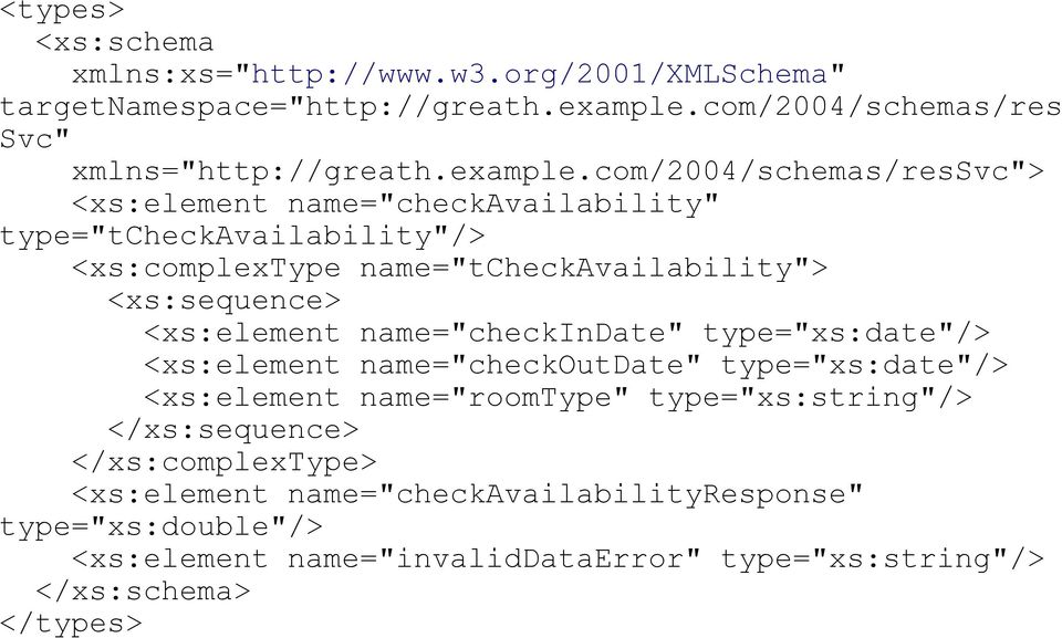 com/2004/schemas/ressvc"> <xs:element name="checkavailability" type="tcheckavailability"/> <xs:complextype name="tcheckavailability"> <xs:sequence>