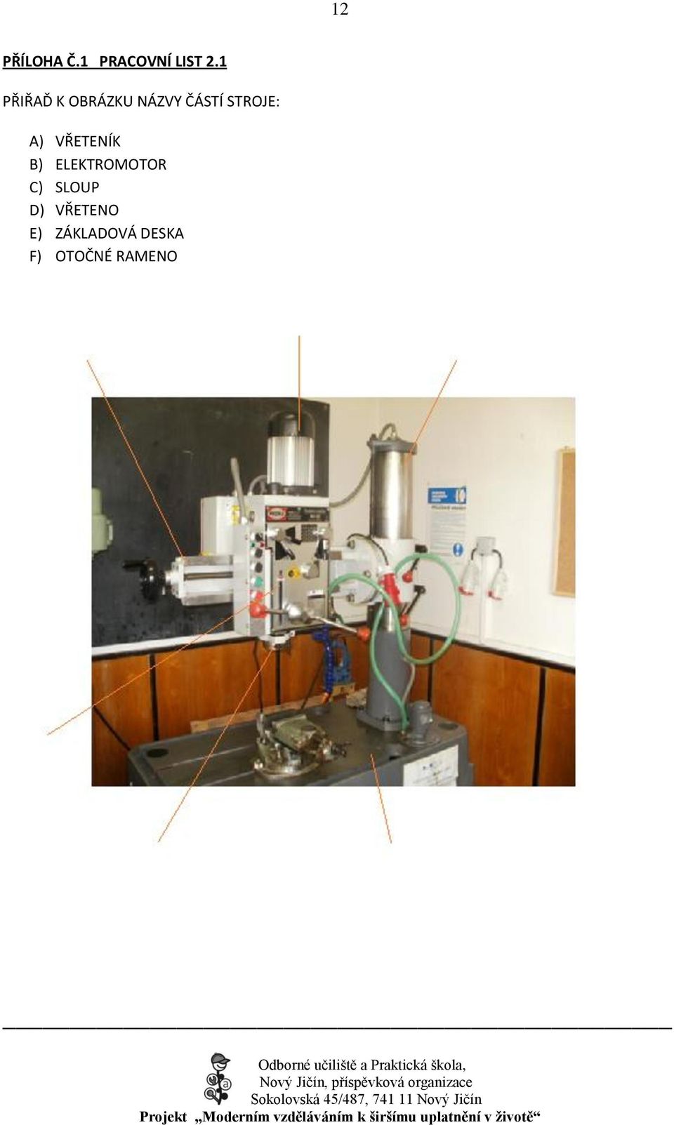 A) VŘETENÍK B) ELEKTROMOTOR C) SLOUP