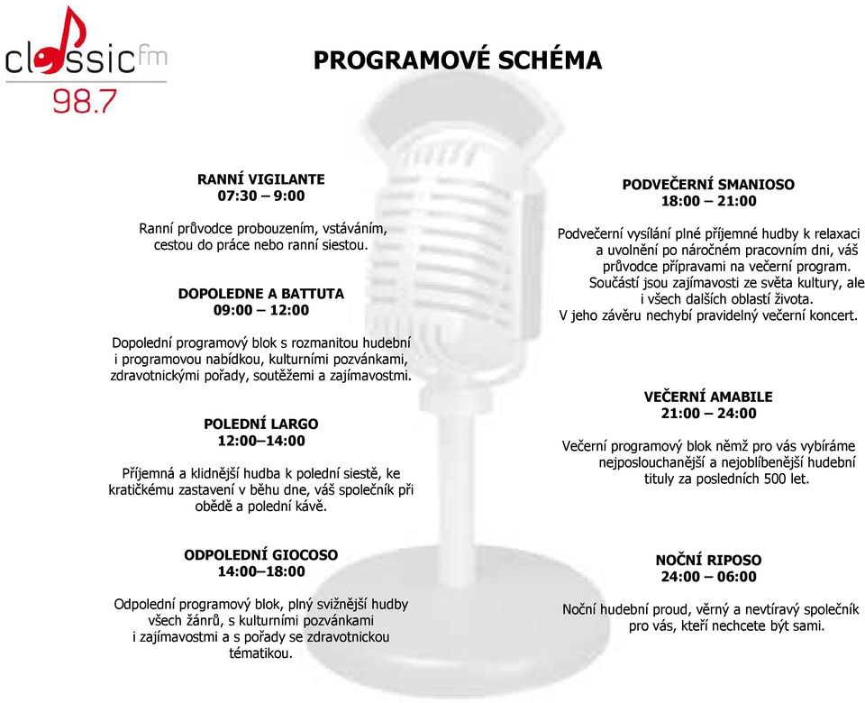 POLEDNÍ LARGO 12:00 14:00 Příjemná a klidnější hudba k polední siestě, ke kratičkému zastavení v běhu dne, váš společník při obědě a polední kávě.