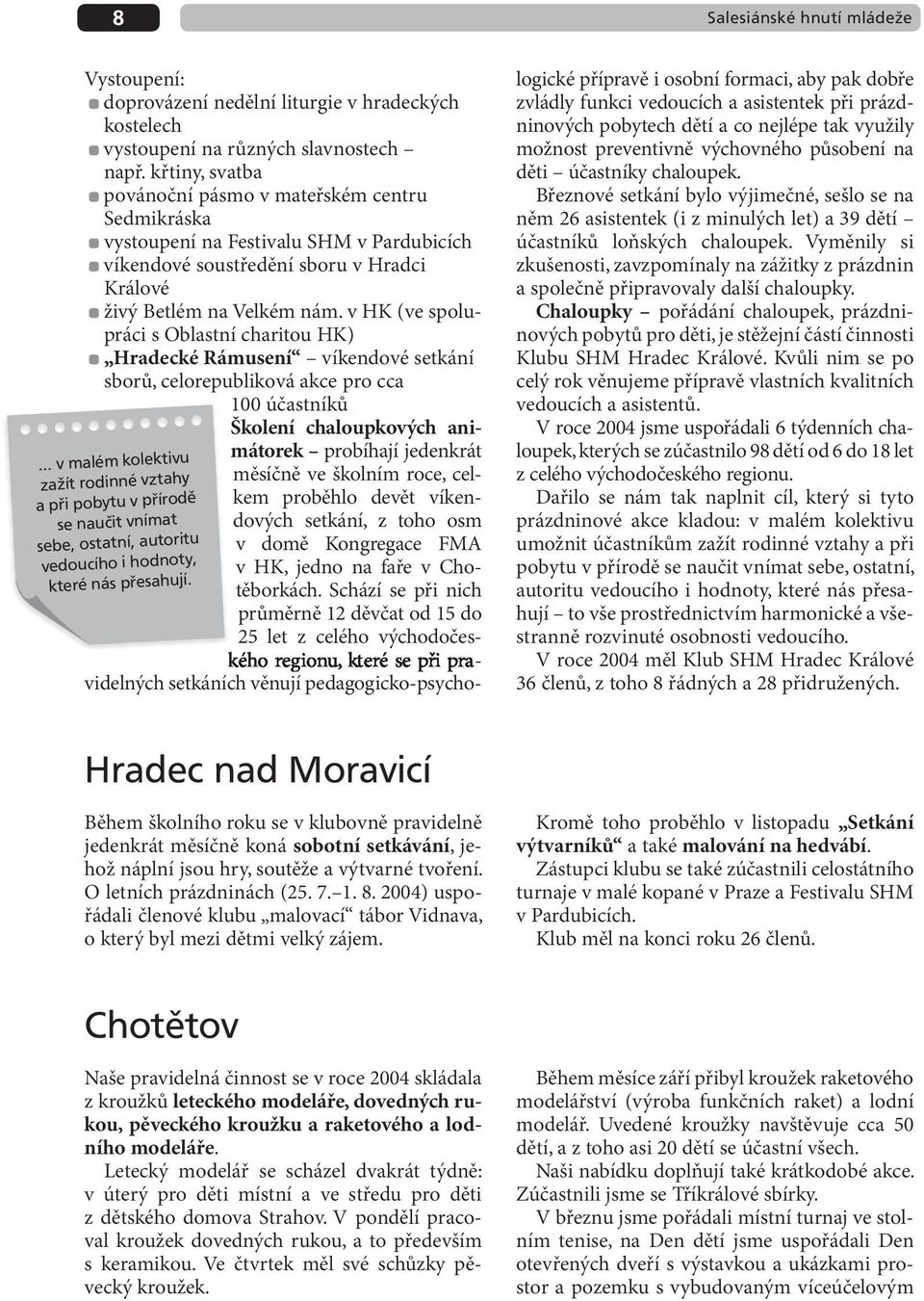 křtiny, svatba povánoční pásmo v mateřském centru Sedmikráska vystoupení na Festivalu SHM v Pardubicích víkendové soustředění sboru v Hradci Králové živý Betlém na Velkém nám.