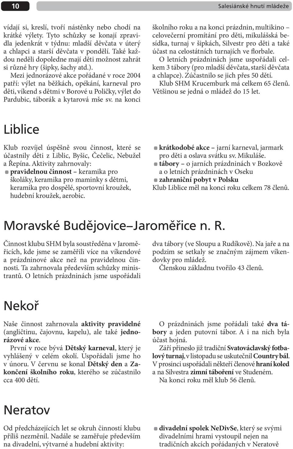 Mezi jednorázové akce pořádané v roce 2004 patří: výlet na běžkách, opékání, karneval pro děti, víkend s dětmi v Borové u Poličky, výlet do Pardubic, táborák a kytarová mše sv.