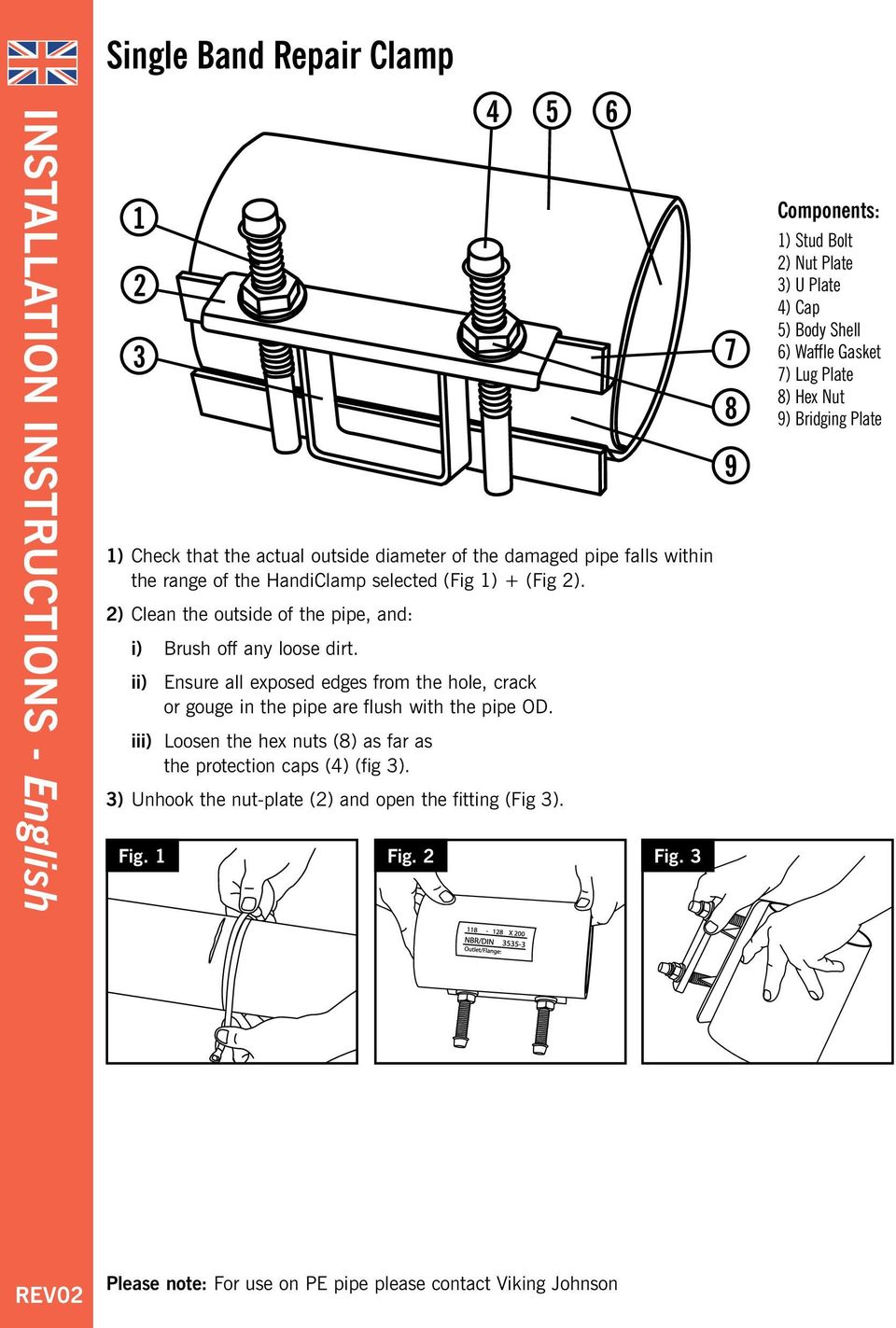 ii) Ensure all exposed edges from the hole, crack or gouge in the pipe are flush with the pipe OD. iii) Loosen the hex nuts (8) as far as the protection caps (4) (fig 3).