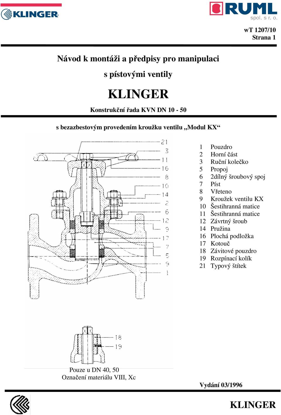 Píst 8 Vřeteno 9 Kroužek ventilu KX 10 Šestihranná matice 11 Šestihranná matice 12 Závrtný šroub 14 Pružina 16 Plochá