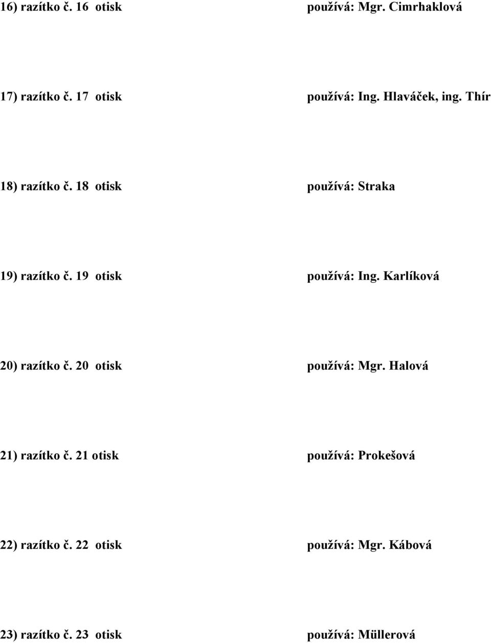 19 otisk pouţívá: Ing. Karlíková 20) razítko č. 20 otisk pouţívá: Mgr. Halová 21) razítko č.