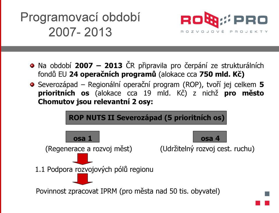 Kč) z nichž pro město Chomutov jsou relevantní 2 osy: ROP NUTS II Severozápad (5 prioritních os) osa 1 osa 4 (Regenerace a