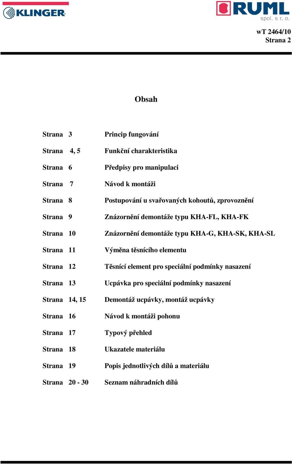 typu KHA-FL, KHA-FK Znázornění demontáže typu KHA-G, KHA-SK, KHA-SL Výměna těsnícího elementu Těsnící element pro speciální podmínky nasazení Ucpávka pro speciální