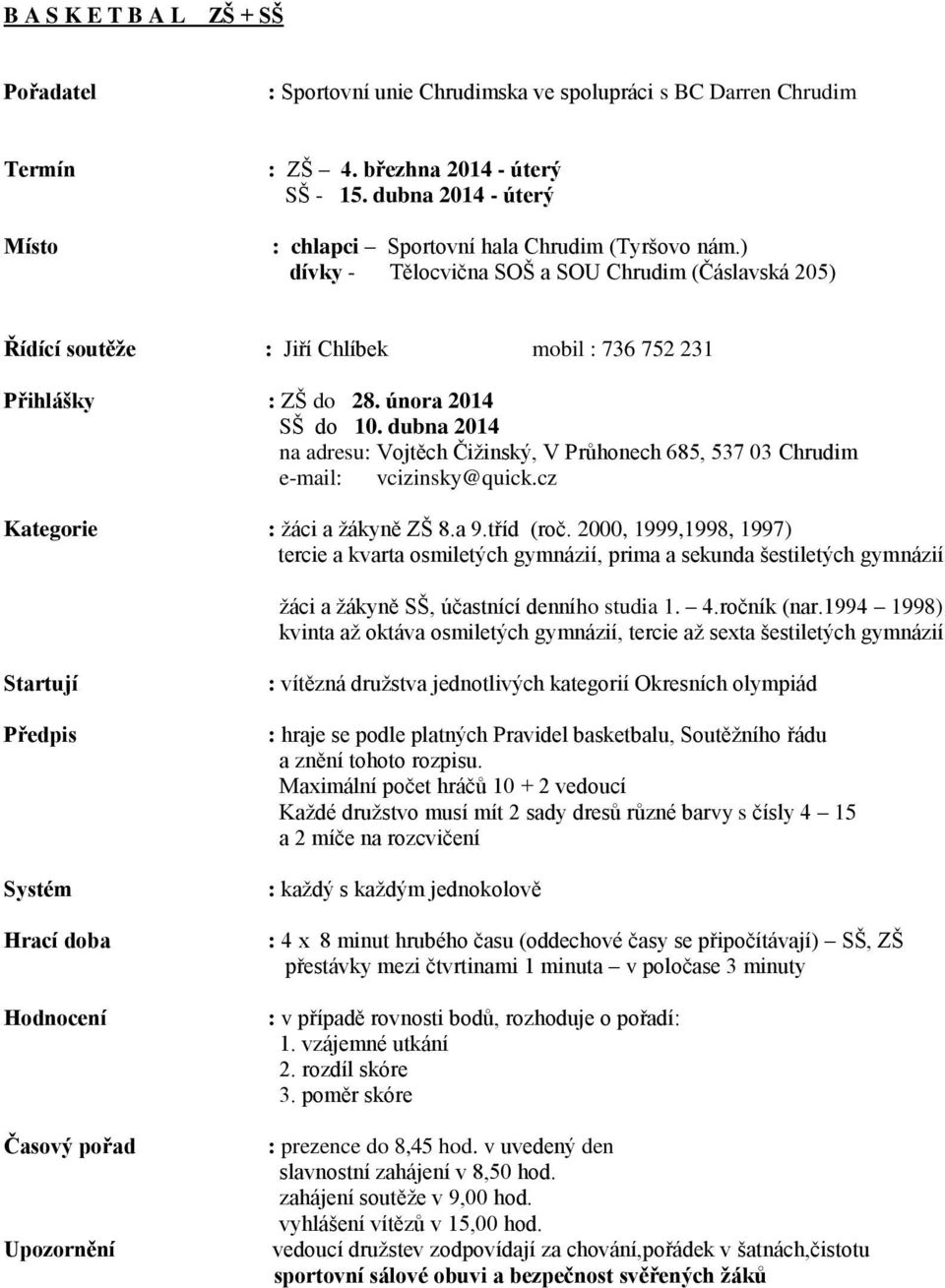 dubna 2014 na adresu: Vojtěch Čižinský, V Průhonech 685, 537 03 Chrudim e-mail: vcizinsky@quick.cz Kategorie : žáci a žákyně ZŠ 8.a 9.tříd (roč.