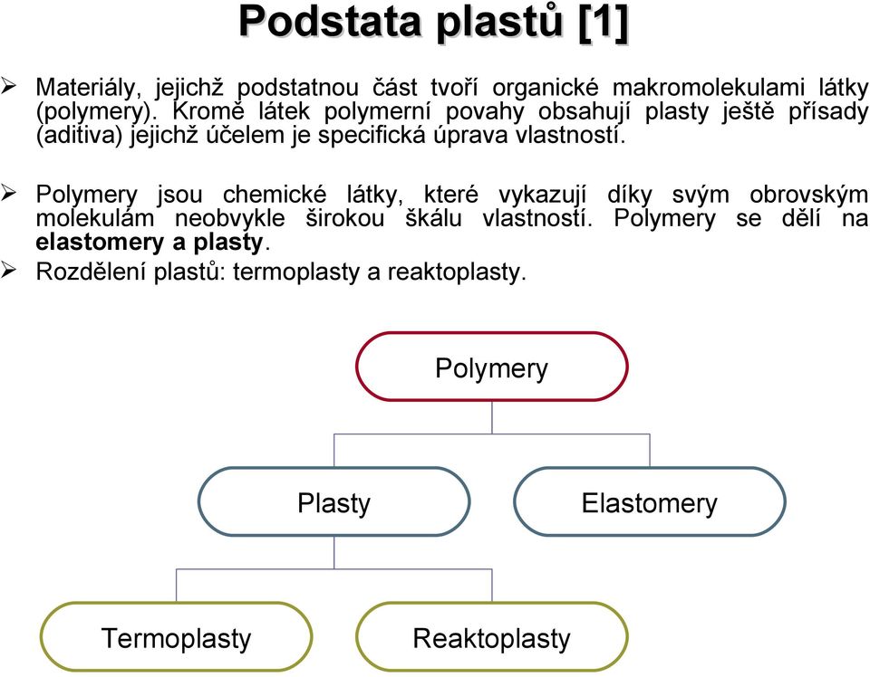 Polymery jsou chemické látky, které vykazují díky svým obrovským molekulám neobvykle širokou škálu vlastností.