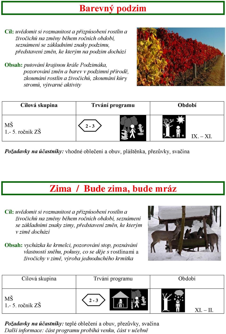 Požadavky na účastníky: vhodné oblečení a obuv, pláštěnka, přezůvky, svačina Zima / Bude zima, bude mráz Cíl: uvědomit si rozmanitost a přizpůsobení rostlin a živočichů na změny během ročních období,