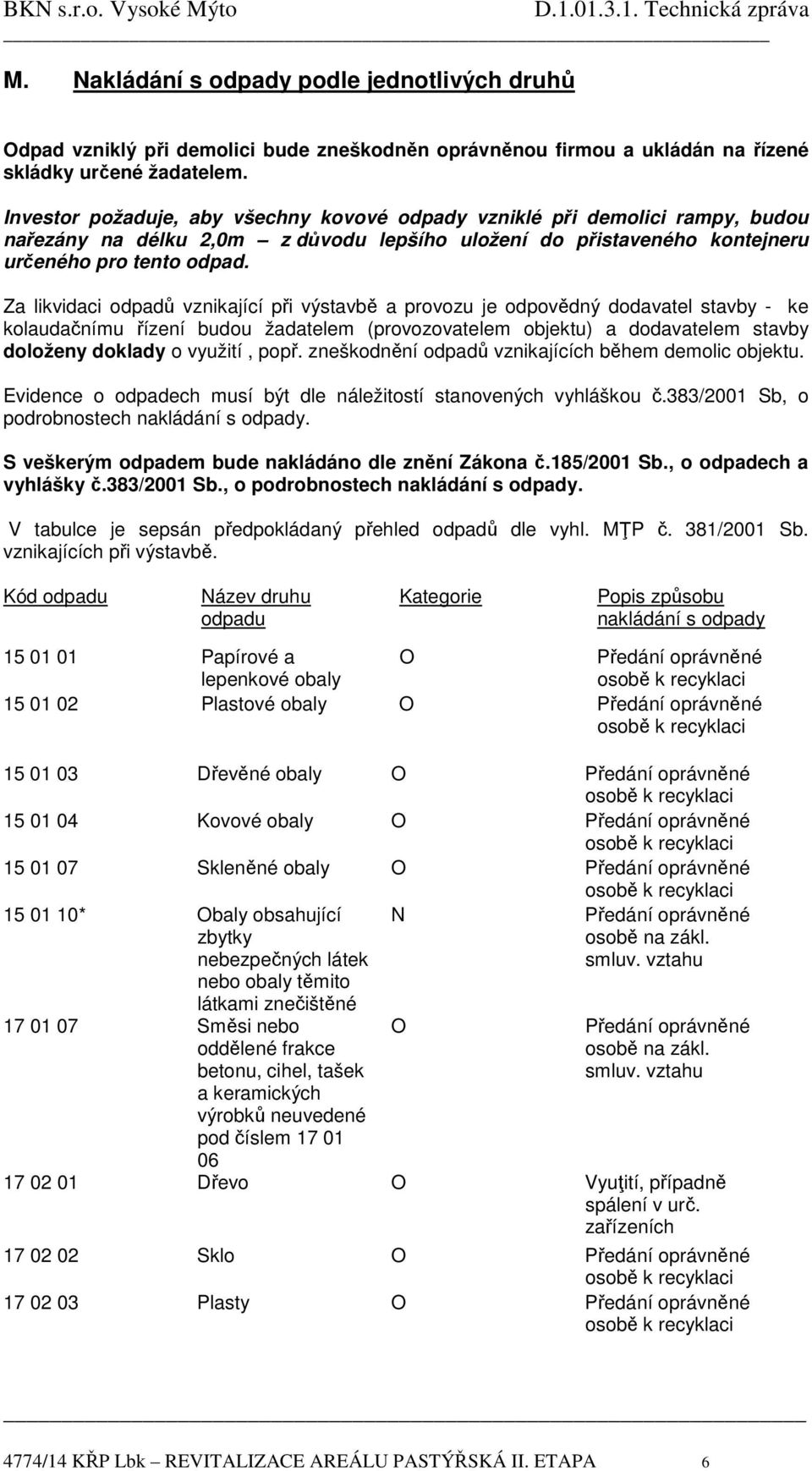 Za likvidaci odpadů vznikající při výstavbě a provozu je odpovědný dodavatel stavby - ke kolaudačnímu řízení budou žadatelem (provozovatelem objektu) a dodavatelem stavby doloženy doklady o využití,