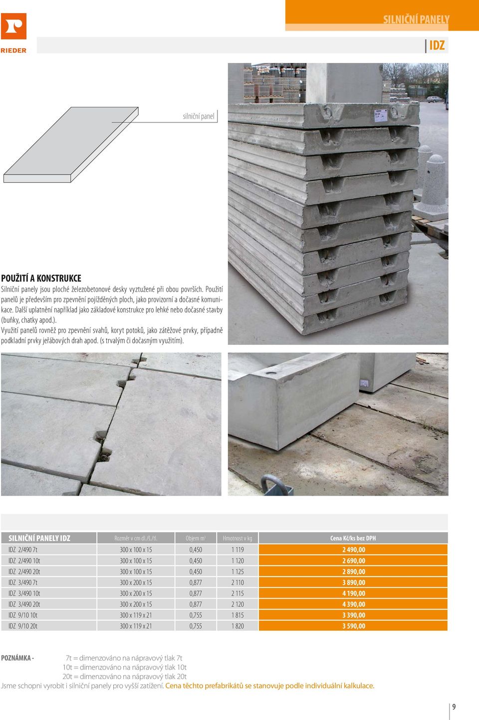 ). Využití panelů rovněž pro zpevnění svahů, koryt potoků, jako zátěžové prvky, případně podkladní prvky jeřábových drah apod. (s trvalým či dočasným využitím). SILNIČNÍ PANELY IDZ Rozměr v cm dl./š.