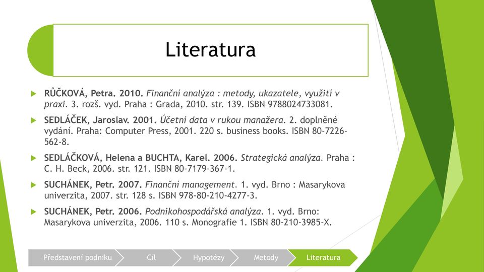 SEDLÁČKOVÁ, Helena a BUCHTA, Karel. 2006. Strategická analýza. Praha : C. H. Beck, 2006. str. 121. ISBN 80-7179-367-1. SUCHÁNEK, Petr. 2007. Finanční management. 1. vyd.