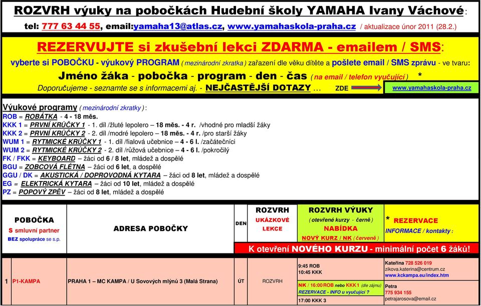 .2.) REZERVUJTE si zkušební lekci ZDARMA - emailem / SMS: vyberte si POBOČKU - výukový PROGRAM ( mezinárodní zkratka ) zařazení dle věku dítěte a pošlete email / SMS zprávu - ve tvaru: Jméno žáka -