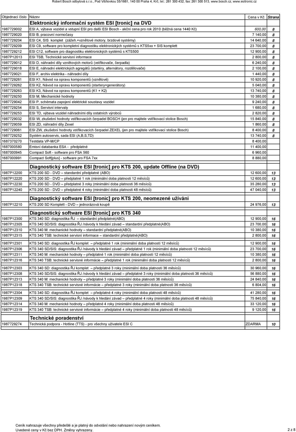 +vznětové motory, brzdové systémy) 14 640,00 8 1987729209 ESI C9, software pro kompletní diagnostiku elektronických systémů s KTS5xx + SIS komplett 23 700,00 8 1987729212 ESI C12, software pro