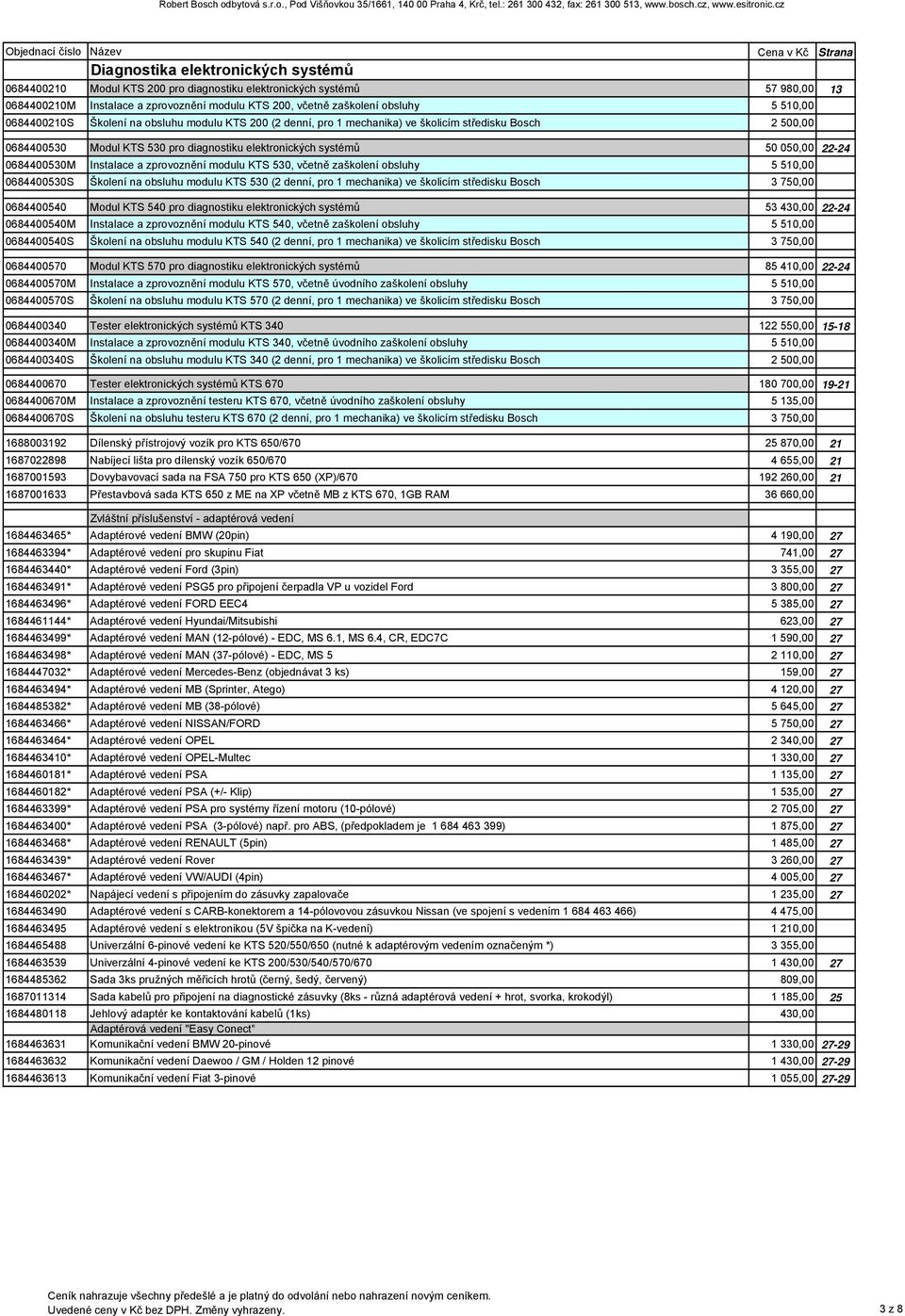 0684400530M Instalace a zprovoznění modulu KTS 530, včetně zaškolení obsluhy 5 510,00 0684400530S Školení na obsluhu modulu KTS 530 (2 denní, pro 1 mechanika) ve školicím středisku Bosch 3 750,00