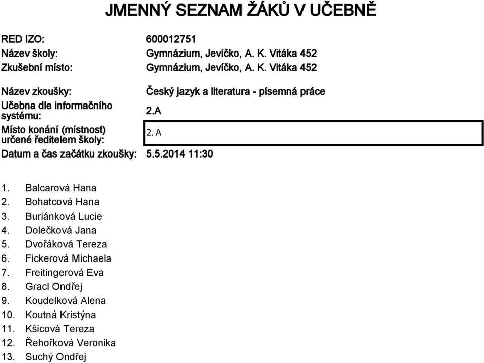 Vitáka 452 Název zkoušky: Český jazyk a literatura - písemná práce Učebna dle informačního systému: 2.