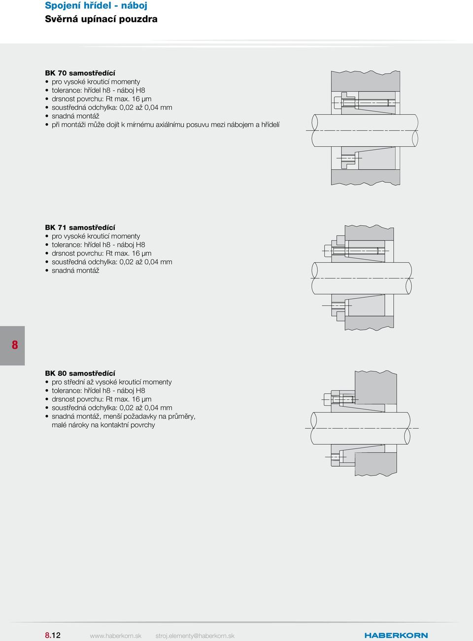 odchylka: 0,02 až 0,04 mm snadná montáž K 0 samostředící pro střední až vysoké krouticí momenty tolerance: hřídel h - náboj H soustředná