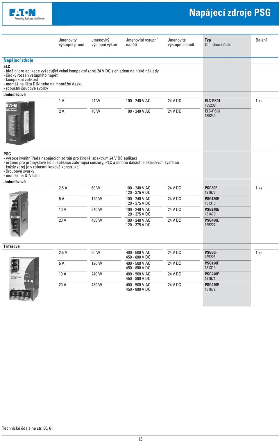 Jednofázové 1 A 24 W 100-240 V AC 24 V DC ELC-PS01 135239 2 A 48 W 100-240 V AC 24 V DC ELC-PS02 135240 PSG - vysoce kvalitní řada napájecích zdrojů pro široké spektrum 24 V DC aplikací - určeno pro