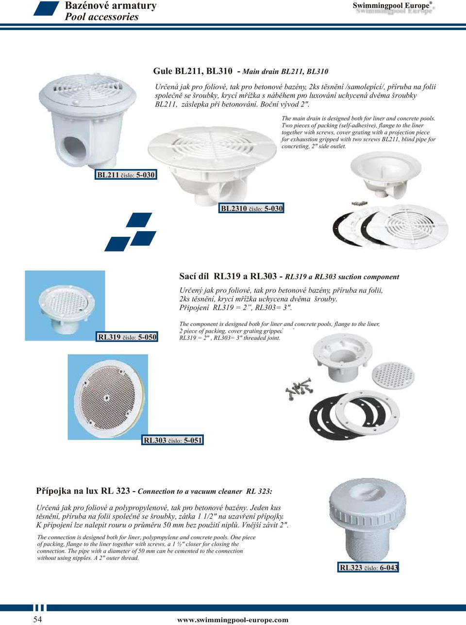 Two pieces of packing (self-adhesive), flange to the liner together with screws, cover grating with a projection piece for exhaustion gripped with two screws BL211, blind pipe for concreting, 2" side