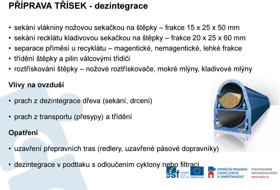 roztřískování štěpky nožové roztřískovače, mokré mlýny, kladivové mlýny Vlivy na ovzduší prach z dezintegrace dřeva (sekání, drcení) prach z