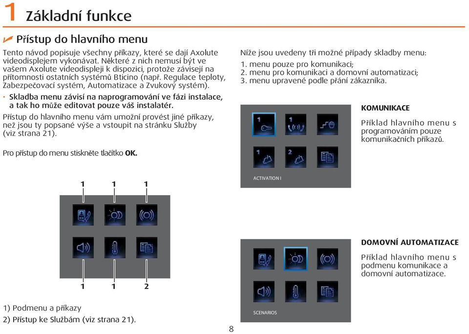 Regulace teploty, Zabezpečovací systém, Automatizace a Zvukový systém). Skladba menu závisí na naprogramování ve fázi instalace, a tak ho může editovat pouze váš instalatér.