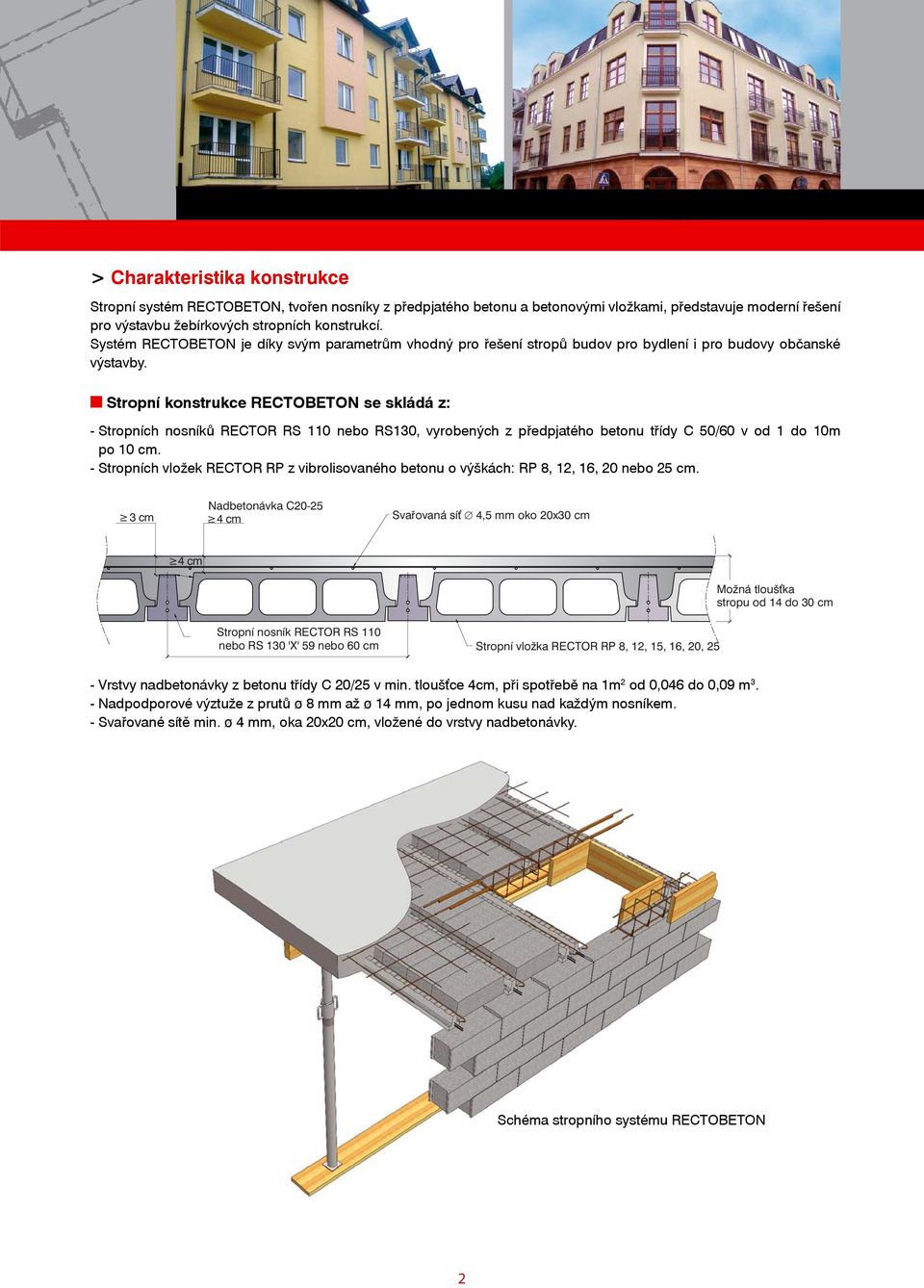 n Stropní konstrukce RECTOBETON se skládá z: - Stropních nosníků RECTOR nebo RS130, vyrobených z předpjatého betonu třídy C 50/60 v od 1 do 10m po 10 cm.
