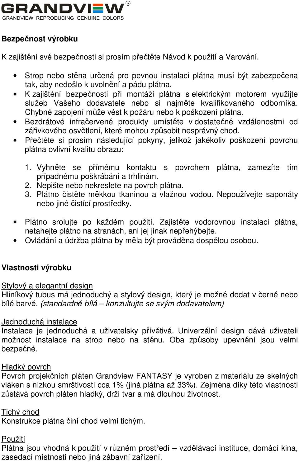 Pokyny k montáži a užití elektrického projek ního plátna FANTASY - PDF Free  Download