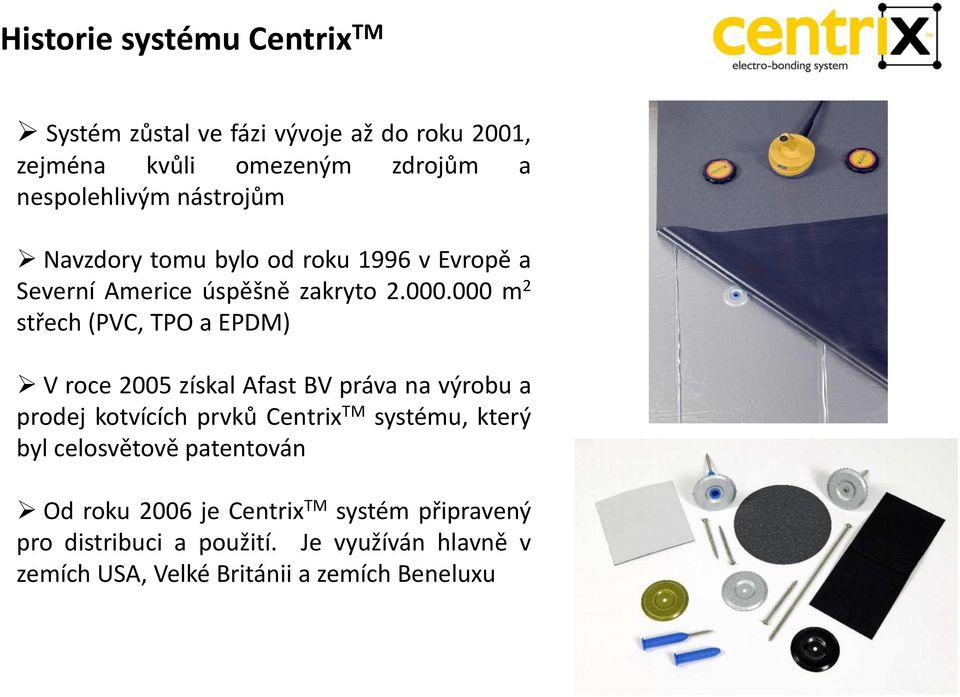 000 m 2 střech (PVC, TPO a EPDM) V roce 2005 získal Afast BV práva na výrobu a prodej kotvících prvků Centrix TM systému,