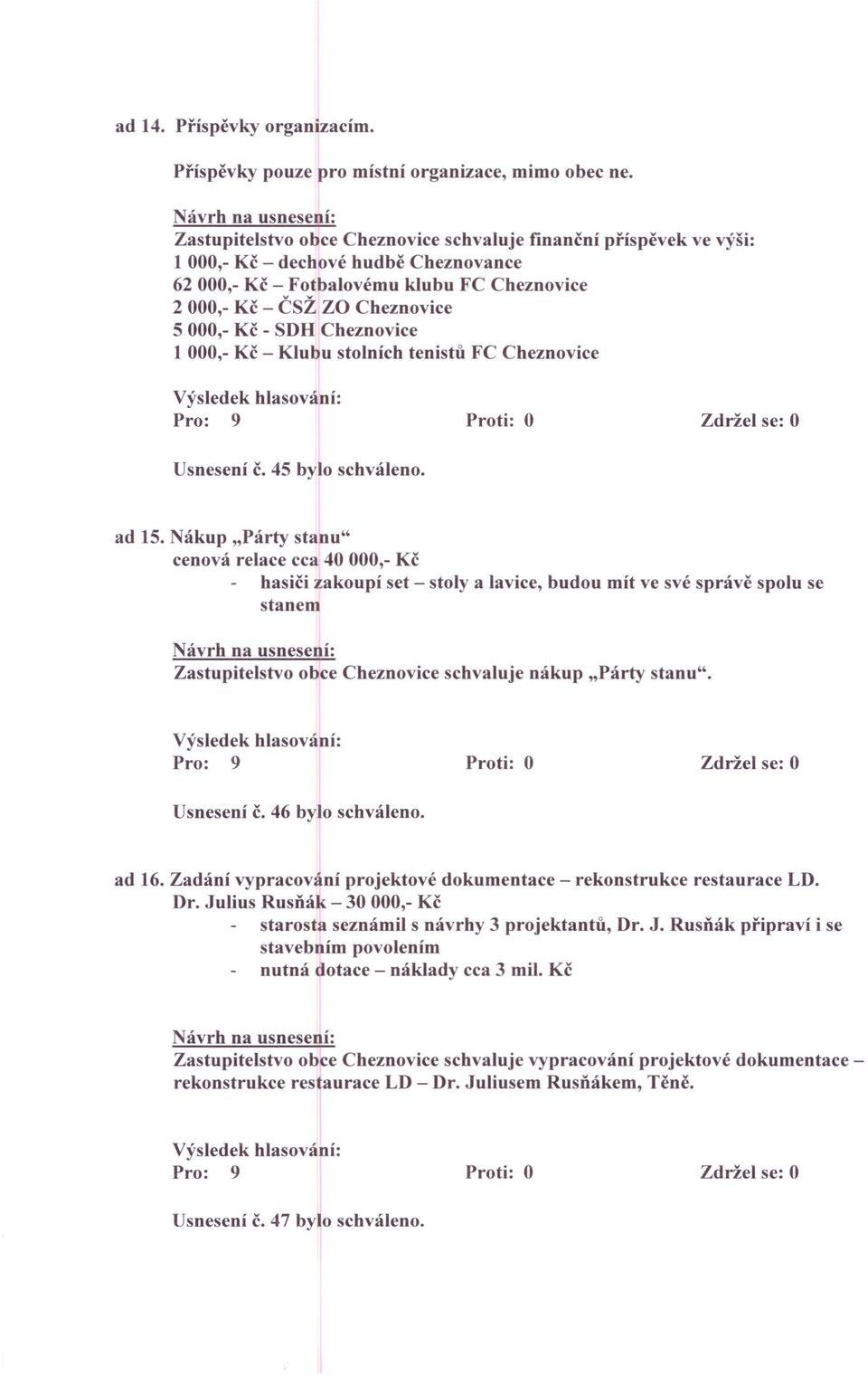 Cheznovice 5 000,- Kč - SDH Cheznovice 1 000,- Kč - Klubu stolních tenistů FC Cheznovice Usnesení č. 45 bylo schváleno. ad 15.