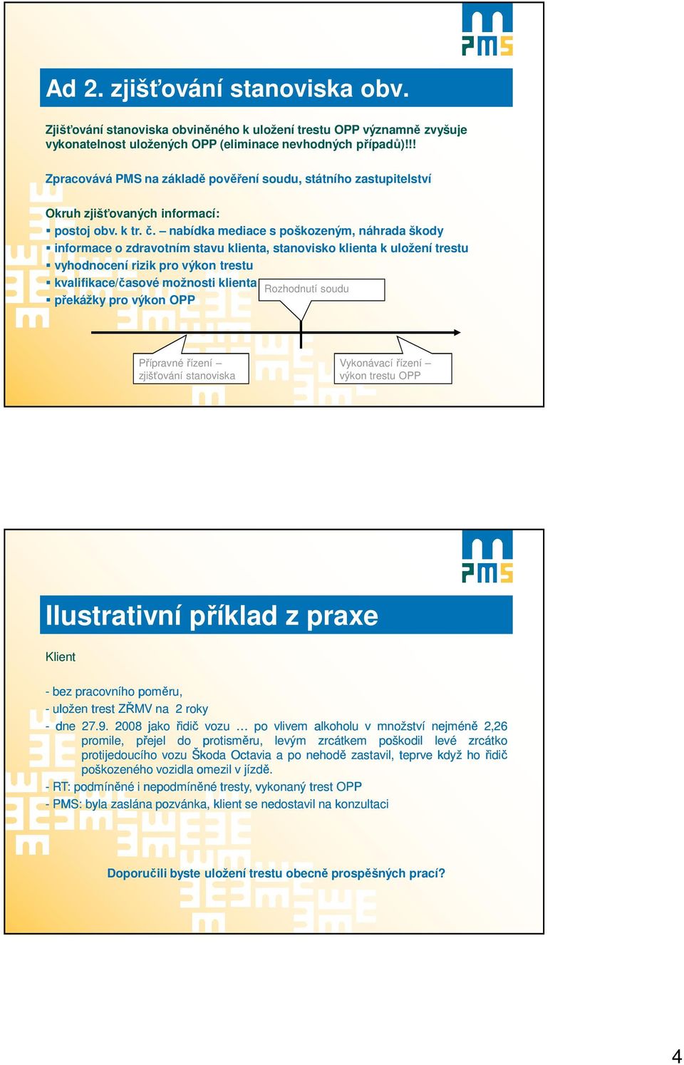 nabídka mediace s poškozeným, náhrada škody informace o zdravotním stavu klienta, stanovisko klienta k uložení trestu vyhodnocení rizik pro výkon trestu kvalifikace/časové možnosti klienta Rozhodnutí