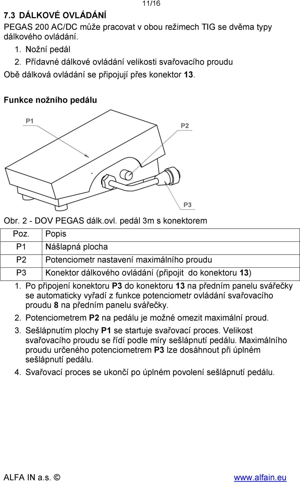 P1 P2 Popis Nášlapná plocha Potenciometr nastavení maximálního proudu P3 Konektor dálkového ovládání (připojit do konektoru 13) 1.