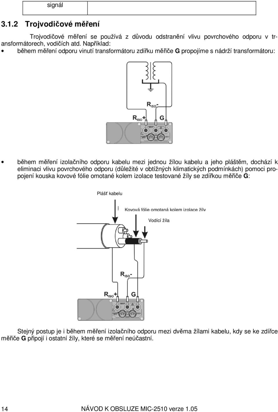eliminaci vlivu povrchového odporu (důležité v obtížných klimatických podmínkách) pomoci propojení kouska kovové fólie omotané kolem izolace testované žíly se zdířkou měřiče G: Plášť kabelu