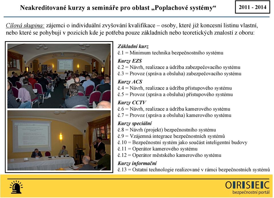 2 = Návrh, realizace a údržba zabezpečovacího systému č.3 = Provoz (správa a obsluha) zabezpečovacího systému Kurzy ACS č.4 = Návrh, realizace a údržba přístupového systému č.