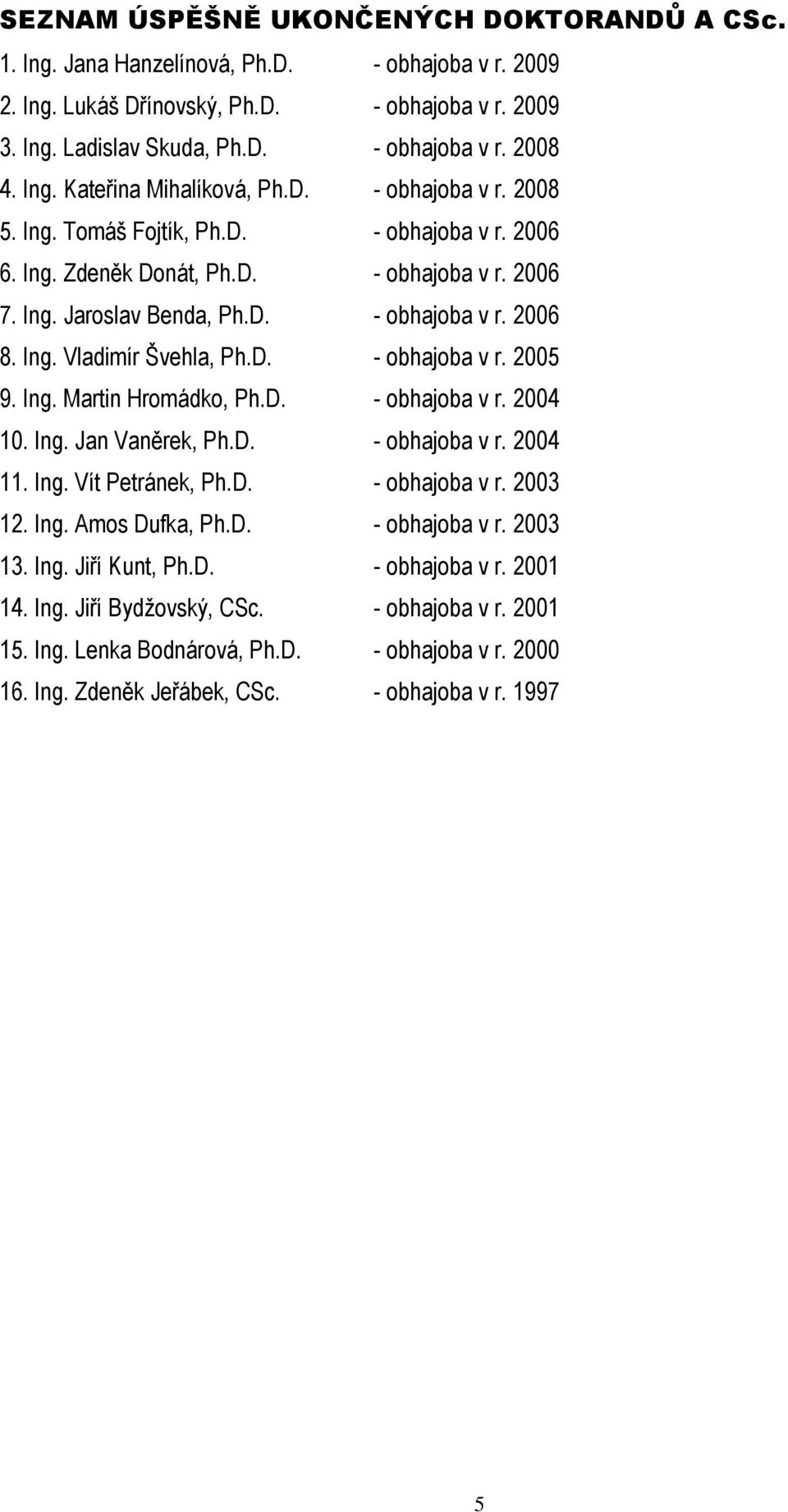 Ing. Vladimír Švehla, Ph.D. - obhajoba v r. 2005 9. Ing. Martin Hromádko, Ph.D. - obhajoba v r. 2004 10. Ing. Jan Vaněrek, Ph.D. - obhajoba v r. 2004 11. Ing. Vít Petránek, Ph.D. - obhajoba v r. 2003 12.
