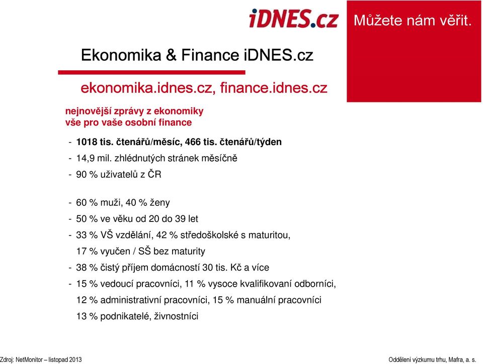 zhlédnutých stránek měsíčně - 90 % uživatelů z ČR - 60 % muži, 40 % ženy - 50 % ve věku od 20 do 39 let - 33 % VŠ vzdělání, 42 % středoškolské