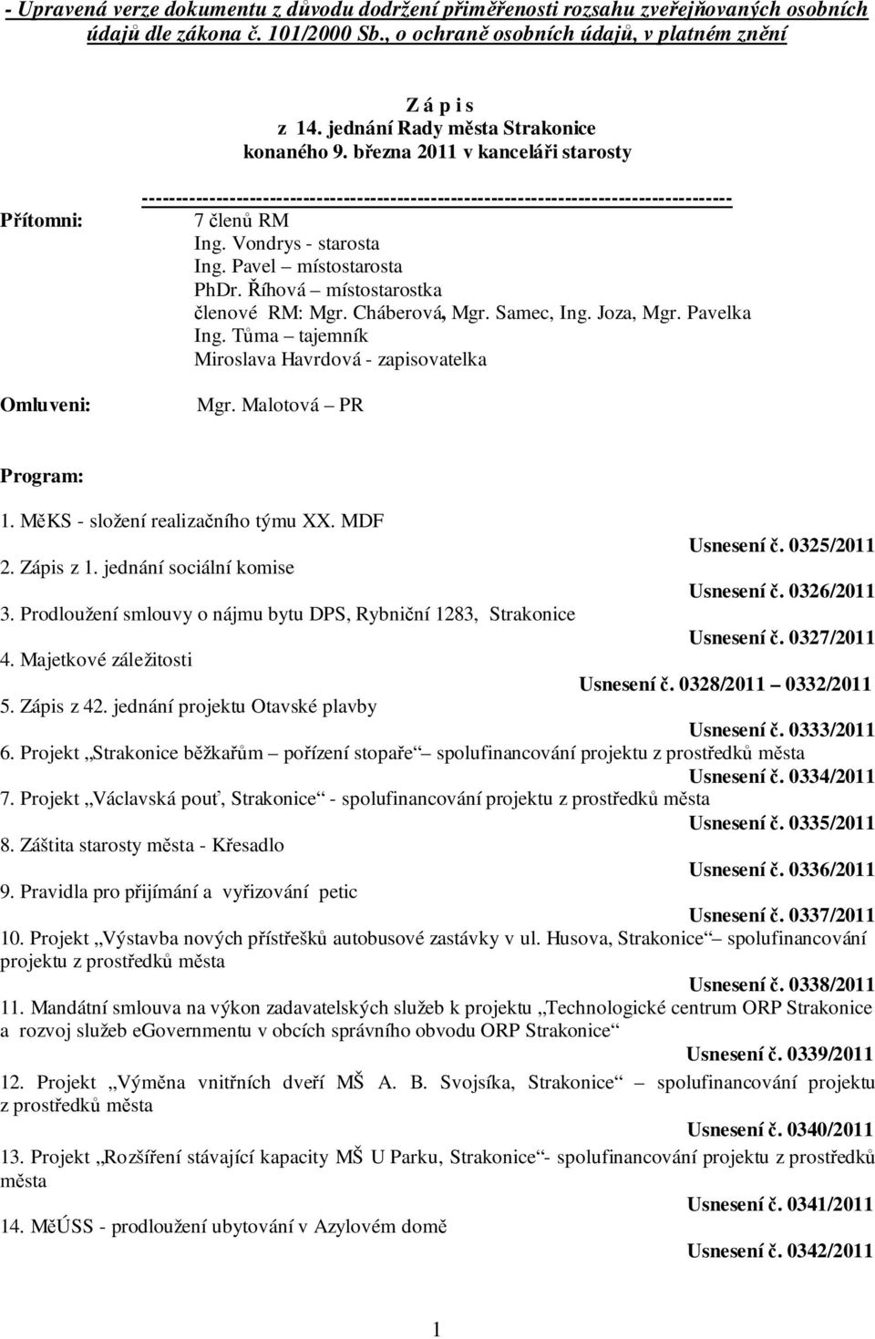 Vondrys - starosta Ing. Pavel místostarosta PhDr. Říhová místostarostka členové RM: Mgr. Cháberová, Mgr. Samec, Ing. Joza, Mgr. Pavelka Ing. Tůma tajemník Miroslava Havrdová - zapisovatelka Mgr.