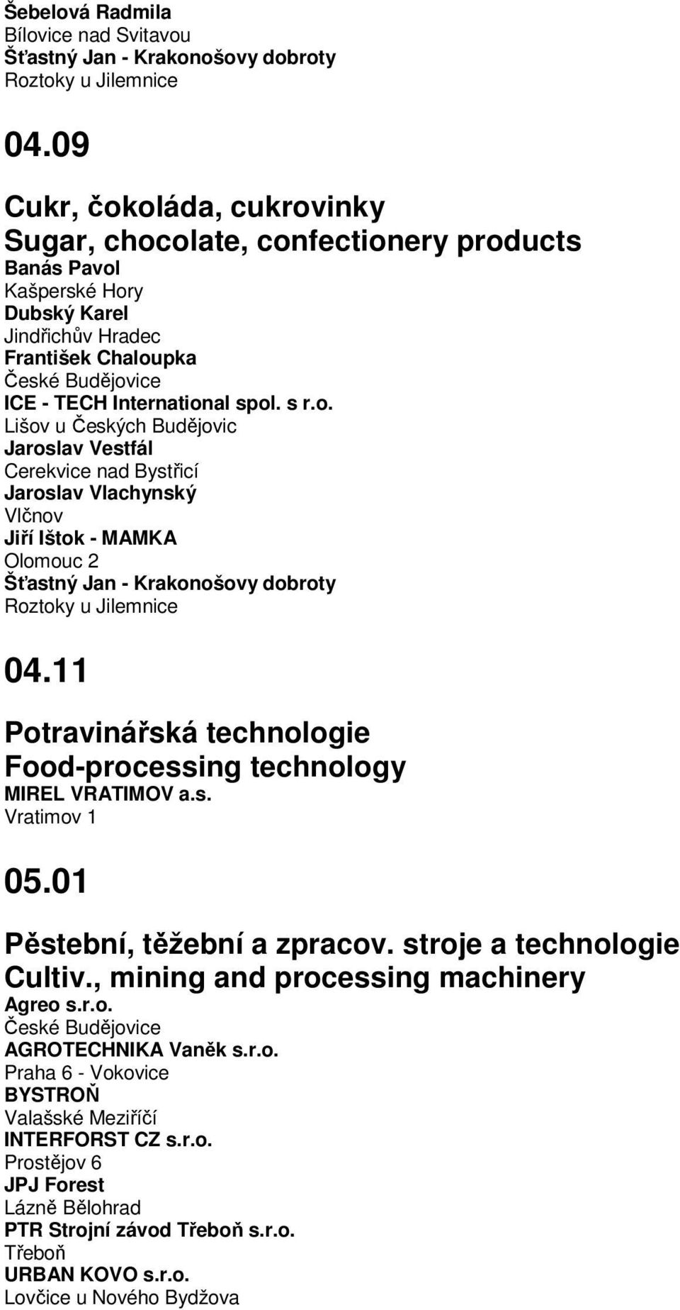 11 Potravinářská technologie Food-processing technology MIREL VRATIMOV a.s. Vratimov 1 05.01 Pěstební, těžební a zpracov. stroje a technologie Cultiv., mining and processing machinery Agreo s.r.o. AGROTECHNIKA Vaněk s.