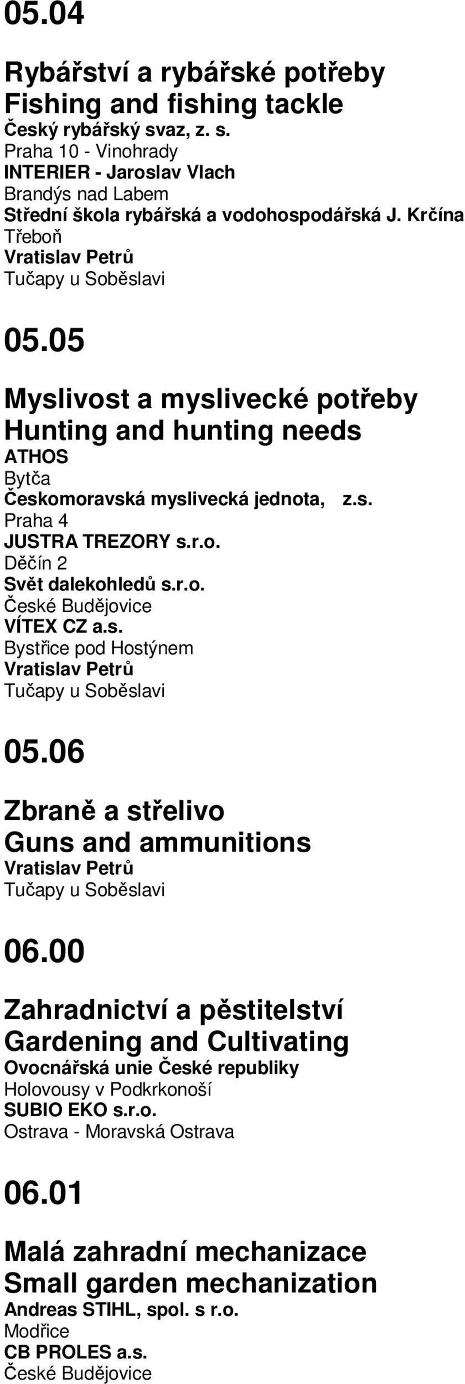 r.o. VÍTEX CZ a.s. Bystřice pod Hostýnem Vratislav Petrů Tučapy u Soběslavi 05.06 Zbraně a střelivo Guns and ammunitions Vratislav Petrů Tučapy u Soběslavi 06.