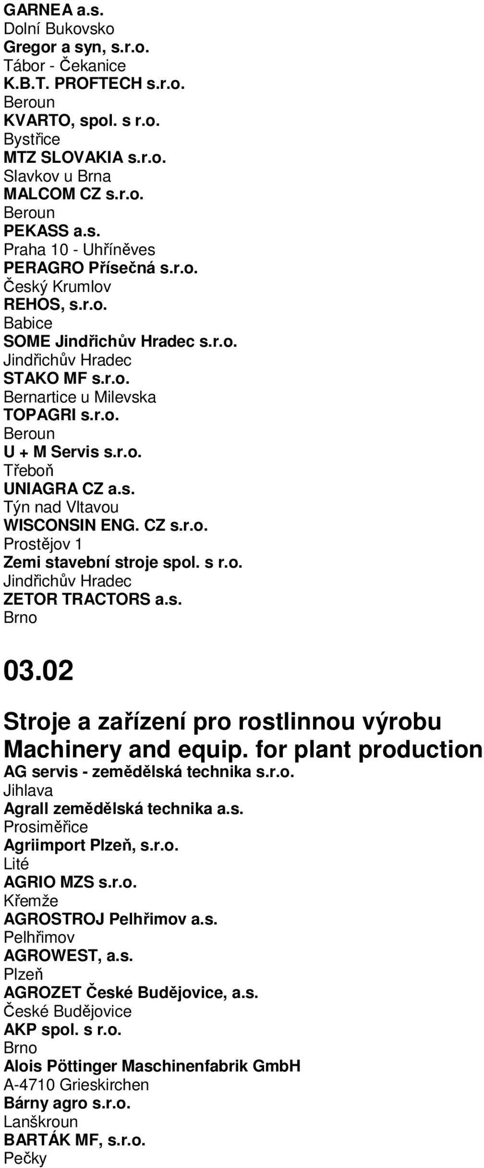 CZ s.r.o. Prostějov 1 Zemi stavební stroje spol. s r.o. Jindřichův Hradec ZETOR TRACTORS a.s. Brno 03.02 Stroje a zařízení pro rostlinnou výrobu Machinery and equip.