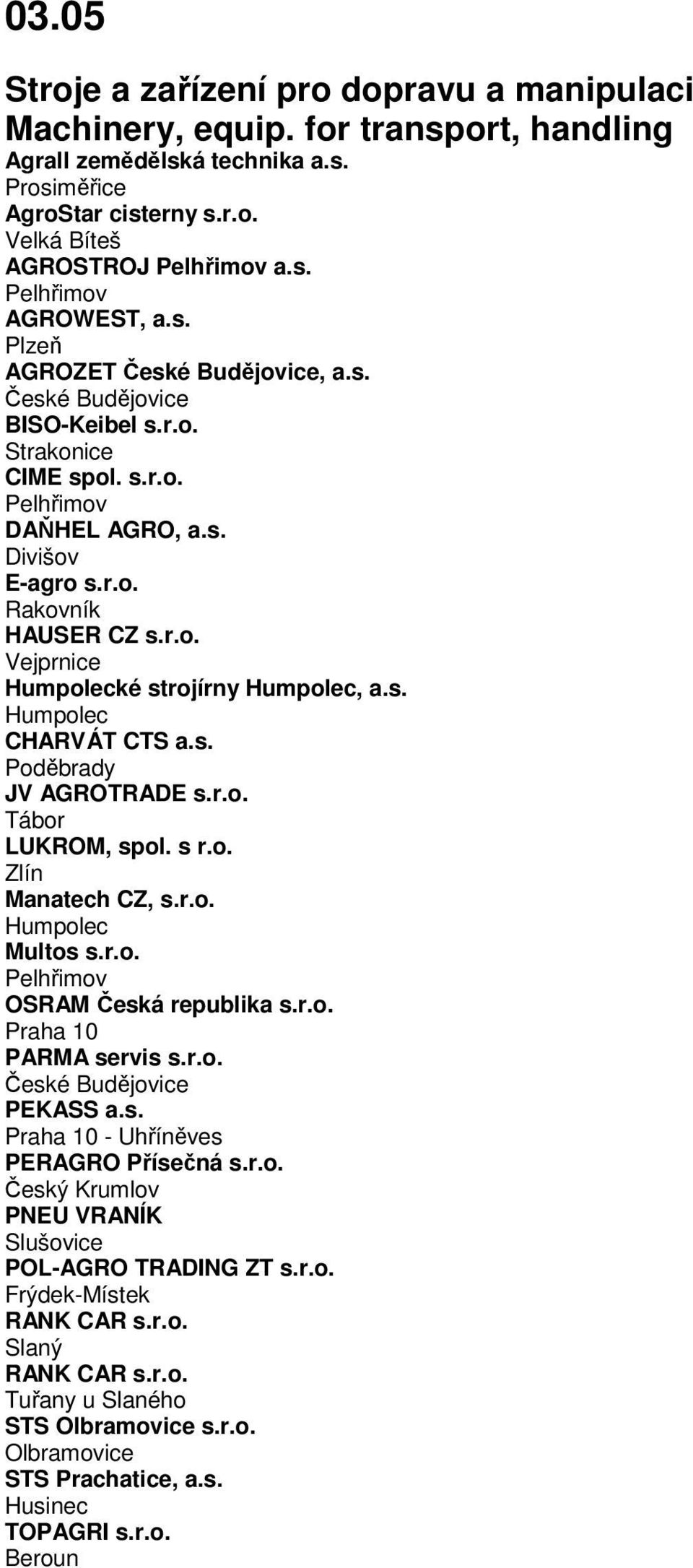 s. Poděbrady JV AGROTRADE s.r.o. Tábor LUKROM, spol. s r.o. Zlín Manatech CZ, s.r.o. Humpolec Multos s.r.o. Pelhřimov OSRAM Česká republika s.r.o. Praha 10 PARMA servis s.r.o. PEKASS a.s. Praha 10 - Uhříněves PERAGRO Přísečná s.