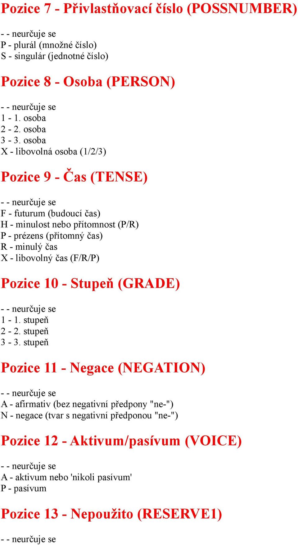 X - libovolný čas (F/R/P) Pozice 10 - Stupeň (GRADE) 1-1. stupeň 2-2. stupeň 3-3.