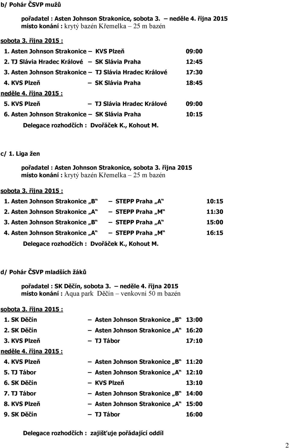 Asten Johnson Strakonice SK Slávia Praha 10:15 Delegace rozhodčích : Dvořáček K., Kohout M. c/ 1. Liga žen pořadatel : Asten Johnson Strakonice, sobota 3. října 2015 1.