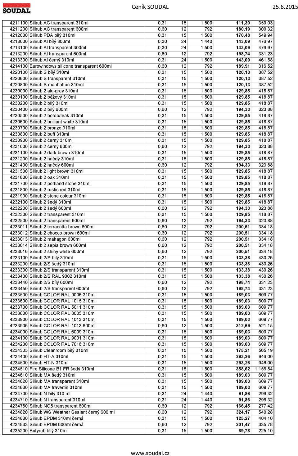 černý 310ml 0,31 24 1 500 143,09 461,58 4214100 Eurowindows silicone transparent 600ml 0,60 12 792 189,91 316,52 4220100 Silirub S bílý 310ml 0,31 15 1 500 120,13 387,52 4220600 Silirub S transparent