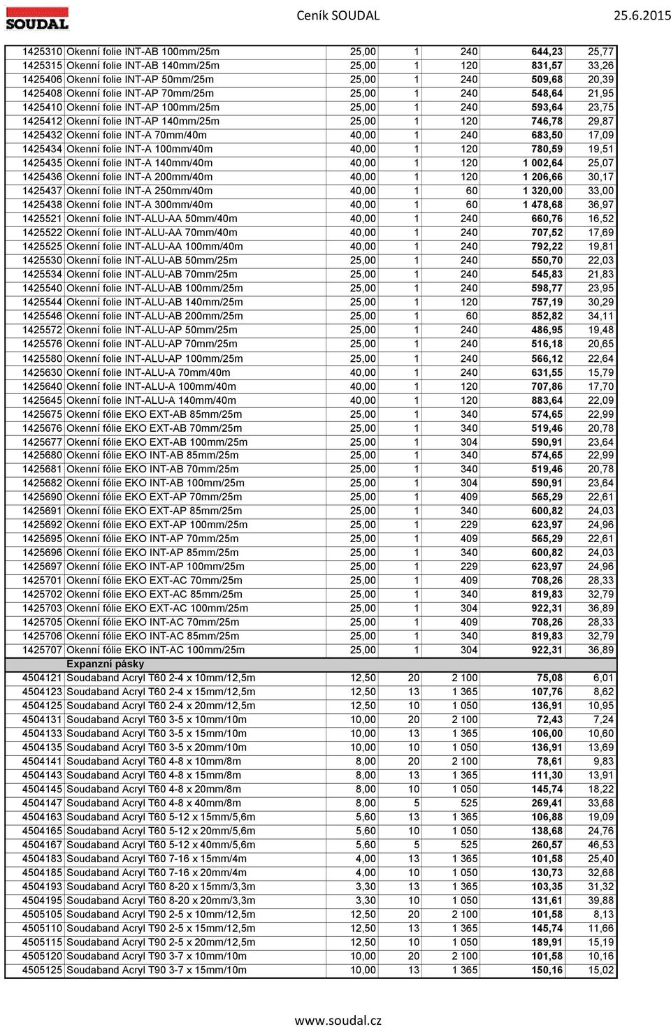 folie INT-A 70mm/40m 40,00 1 240 683,50 17,09 1425434 Okenní folie INT-A 100mm/40m 40,00 1 120 780,59 19,51 1425435 Okenní folie INT-A 140mm/40m 40,00 1 120 1 002,64 25,07 1425436 Okenní folie INT-A